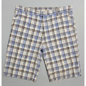 Vercho Plaid Shorts Mens 38 Cotton Blue Brown Flat Front Casual Golf Summer